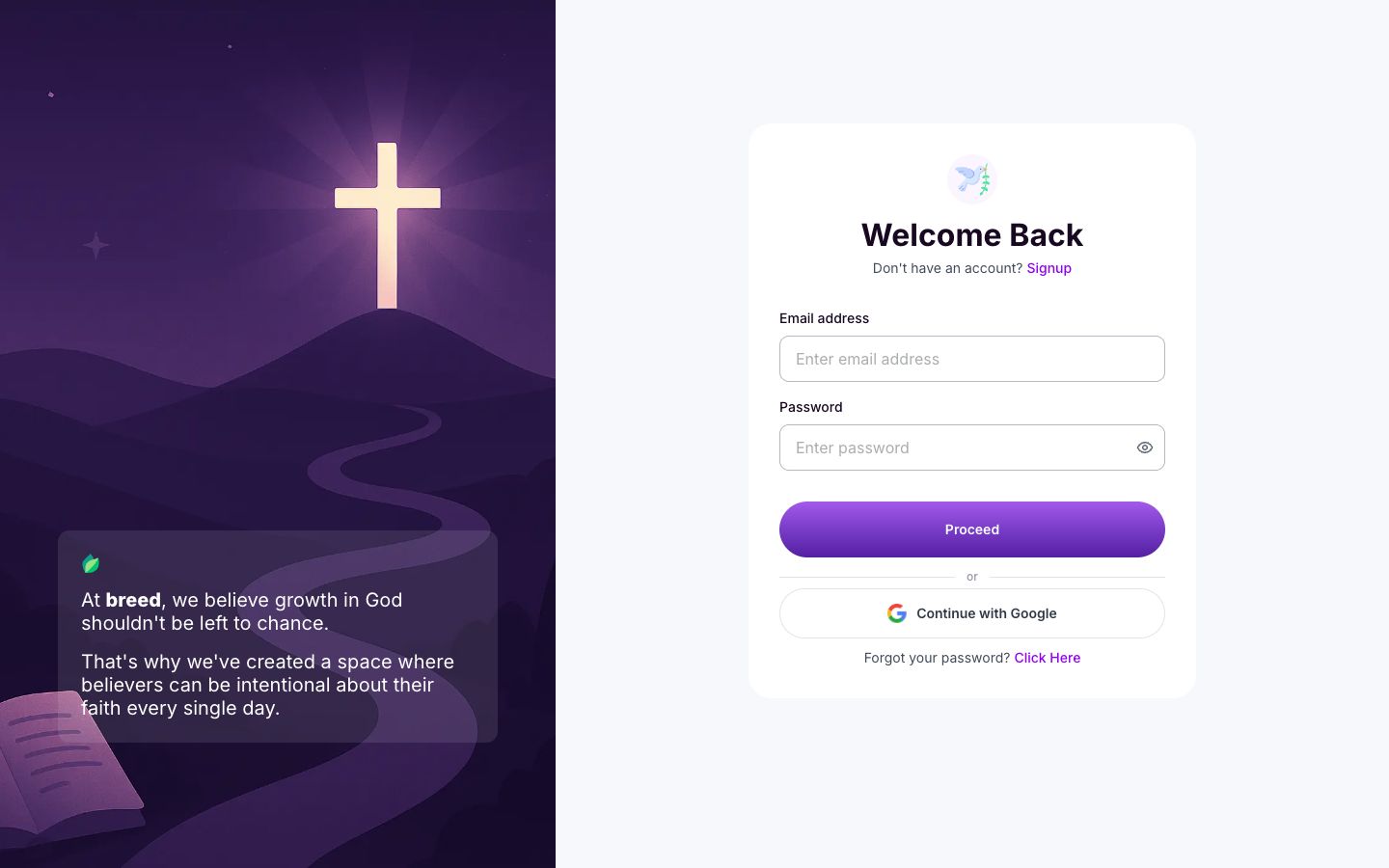 Breed sign-in screen and brand illustration