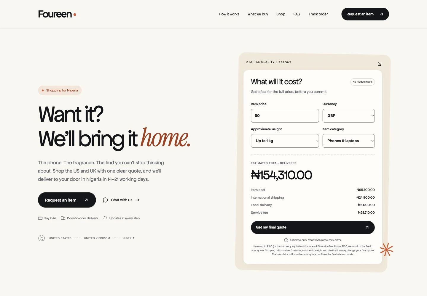 Foureen homepage with its shopping promise and delivered-cost estimator