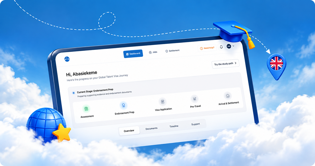 Logg relocation dashboard surrounded by clouds, a graduation cap and a UK location pin